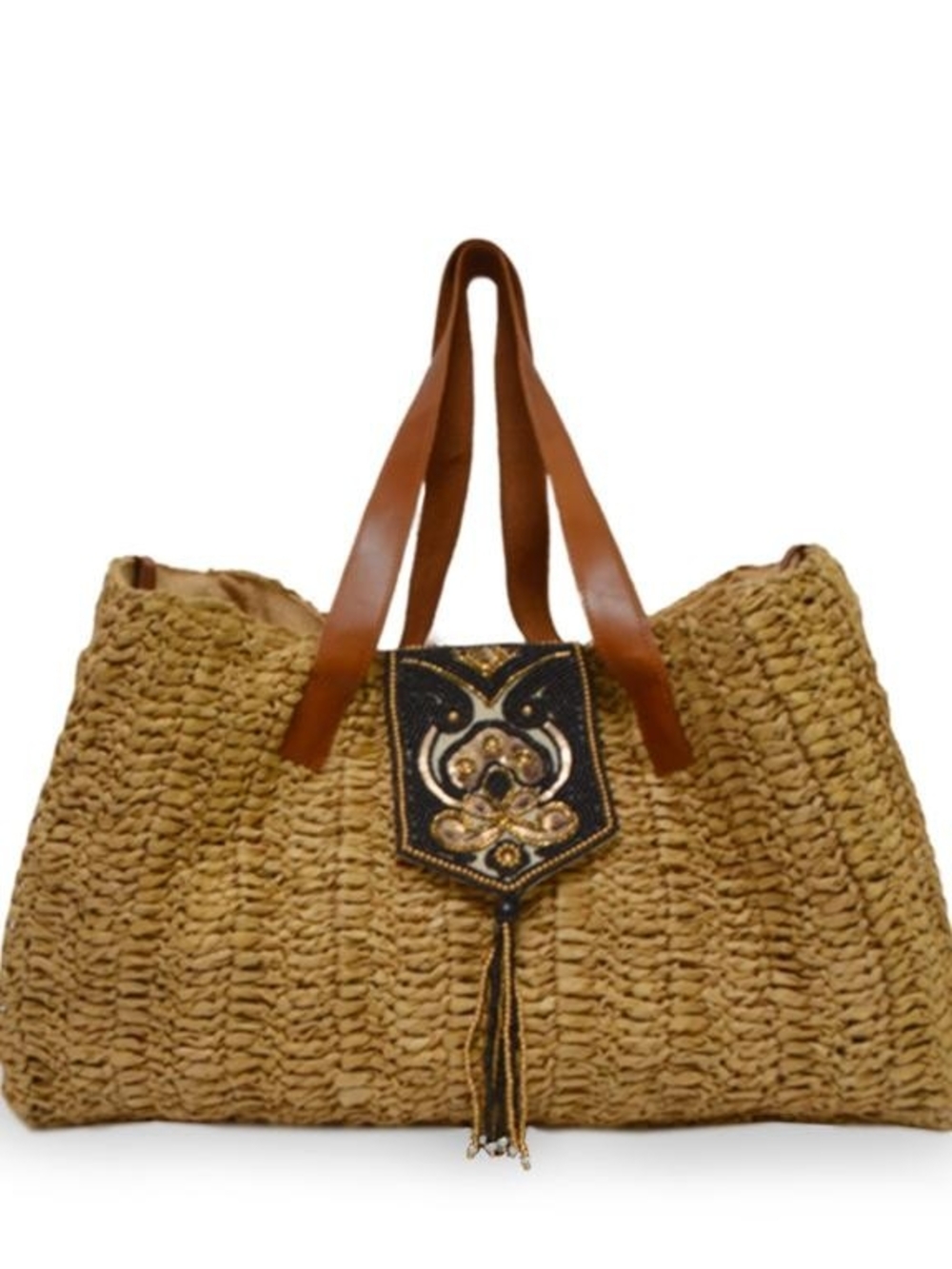 Anabaglish Nola Raffia Woven Straw Tote Bag with Beaded Tassel Leather Handle